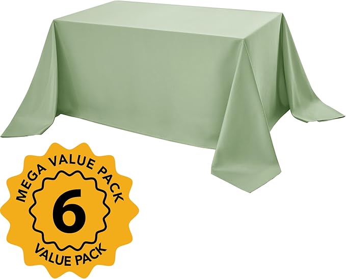 6-Pack Sage Green Tablecloths for Rectangle Tables, 90 x 156 Inches, Stain-Resistant Polyester Fabric for 8 Foot Tables - Washable Table Covers for Weddings, Birthday Parties, Events