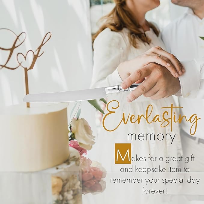 Cake Knife and Server Set, Cake Cutter and Pie Spatula, Cake Server and Knife Set with Acrylic Crystal Handles, Cake Cutting Set for Wedding Cake – 1.2mm Thick Blades, Birthdays, and Parties (Silver)