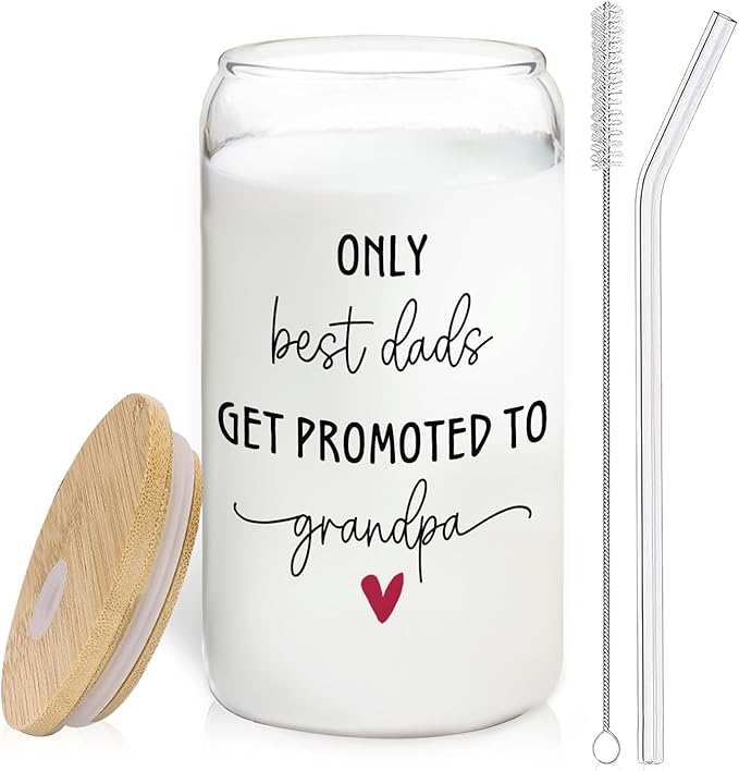 Get Promoted to Grandpa Glass Cup with Lids and Straws 14oz, Grandpa to Be Gifts, Pregnancy Announcement for Grandfather Glass Coffee Tumbler Drinking Jars with Cleaning Brush