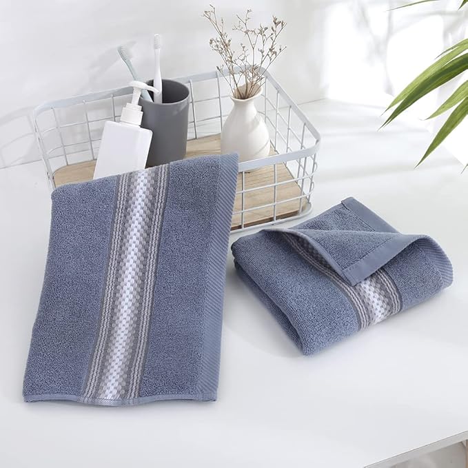 YiLUOMO Blue Hand Towel Set of 2 Soft 100% Cotton Textured Striped Pattern Highly Absorbent Decorative Hand Towels for Bathroom 13 x 29 Inch