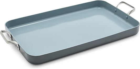 GreenPan Valencia Pro 18" x 11" Double Burner Griddle Pan, Induction Suitable, Ceramic Nonstick PFAS-Free, Rectangular Stovetop Cookware, Stainless Steel Handles, Dishwasher, Oven & Broiler Safe, Gray