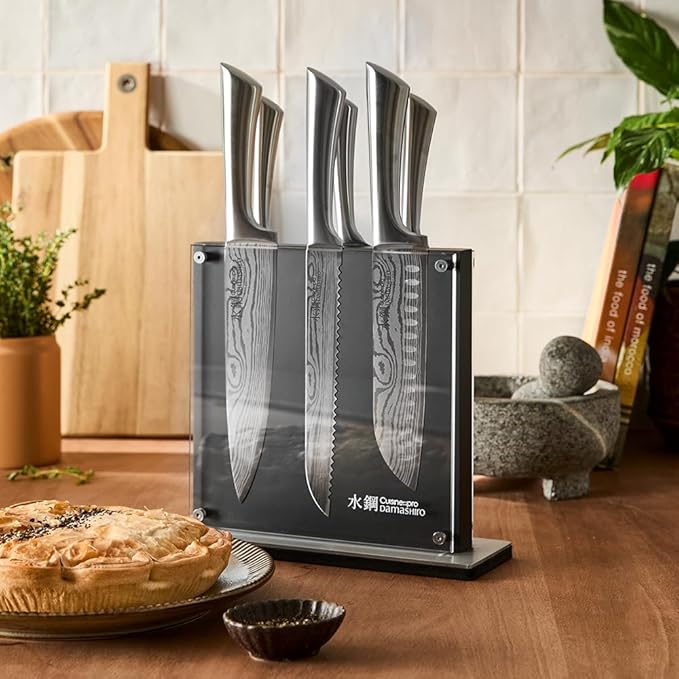 Cuisine::pro Damashiro Knife Block (Kumi, 7-Piece Chef Knife Set) - Japanese Steel Knife - Magnetic Knife Block- Damascus-Inspired Blade Kitchen Knives