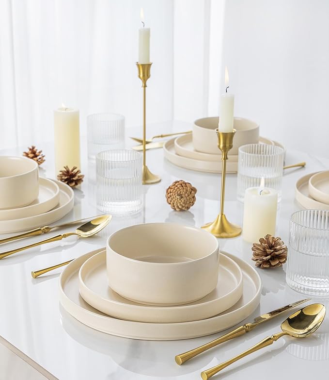 TheTerra Ceramic Dinnerware Sets for 8, 24 Pieces Handmade Reactive Glaze Plates and Bowls Set, Scratch Resistant Dish Set, Oven & Microwave & Dishwasher Safe, Matte White