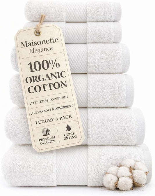 Maisonette Elegance 100% Organic Cotton Turkish Bathroom Towels Set, Ideal Quick Dry Luxury Washcloths, Hand & Large Bath Towels for Shower (6 Pack), White
