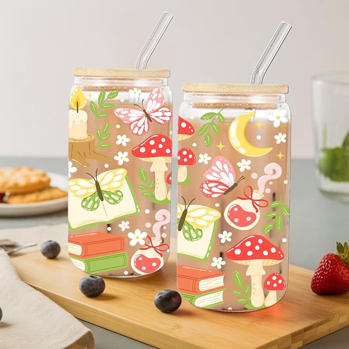 Whimsical Bookish Forest Iced Coffee Cup, Fantasy Cottagecore Glass Tumbler, 16 oz Cozy Reading Coffee Glass Cup with Lid Straw, Christmas Stocking Stuffers, Enchanted Book Lover Gift