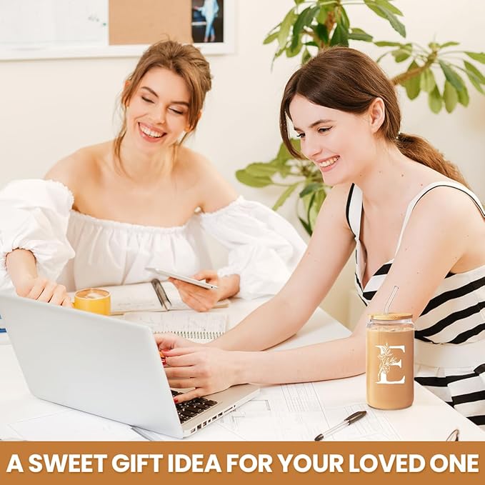 SANDJEST Monogrammed Gifts for Women - Monogram E Initial Glass Cup 16 Oz Can Coffee Cups with Lid and Straw - Monogram Initials Gifts for Womens on Birthday