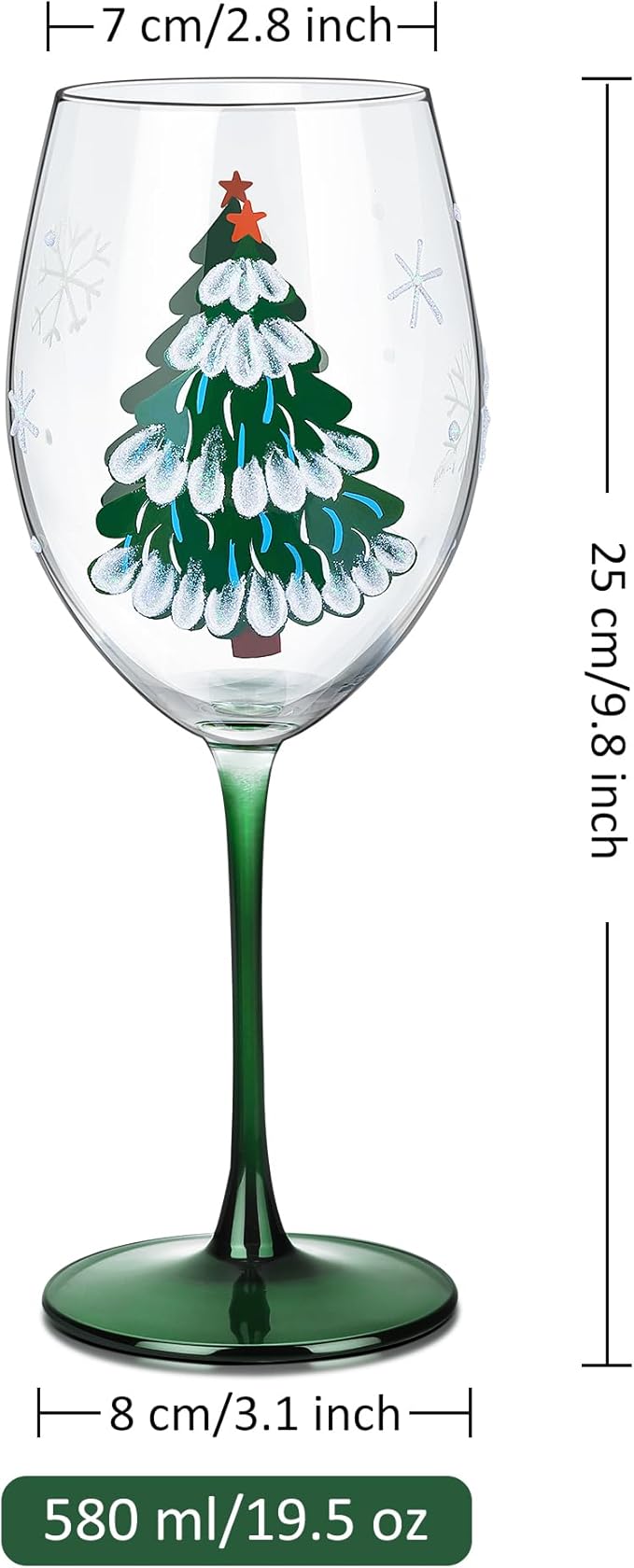 Joeyan Christmas Crystal Red and White Wine Glasses,Hand Painted Glass Goblet Drinking Glasses,Green Xmas Tree and Snowflakes Patterned Glass Tumbler Cups with Stem,Gift for Men Women,19.5 oz,Set of 2