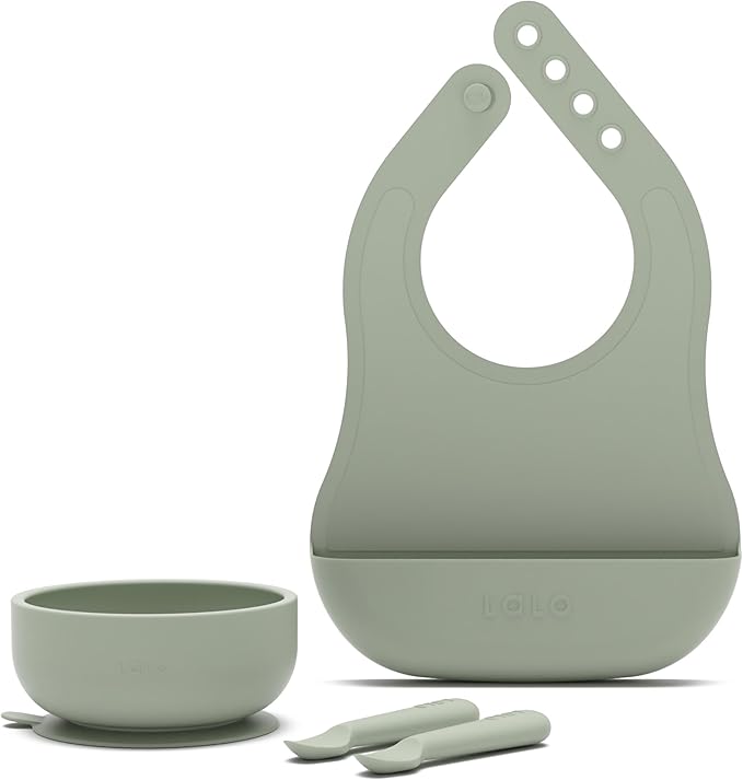 Lalo First Bites Starting Solids Silicone Baby Feeding Set with Suction Bowl, 2 Spoons and 1 Bib - 4-Piece Baby-Led Weaning Supplies - Non-Toxic Silicone Infant Tableware - Sage