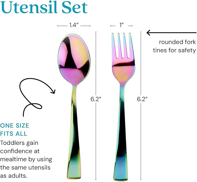 Ahimsa Stainless Steel Kids Utensils, Pediatrician Designed, Colorful Silverware for Kids & Toddlers, Non Toxic, Dishwasher Safe, Rainbow Fork and Spoon Set