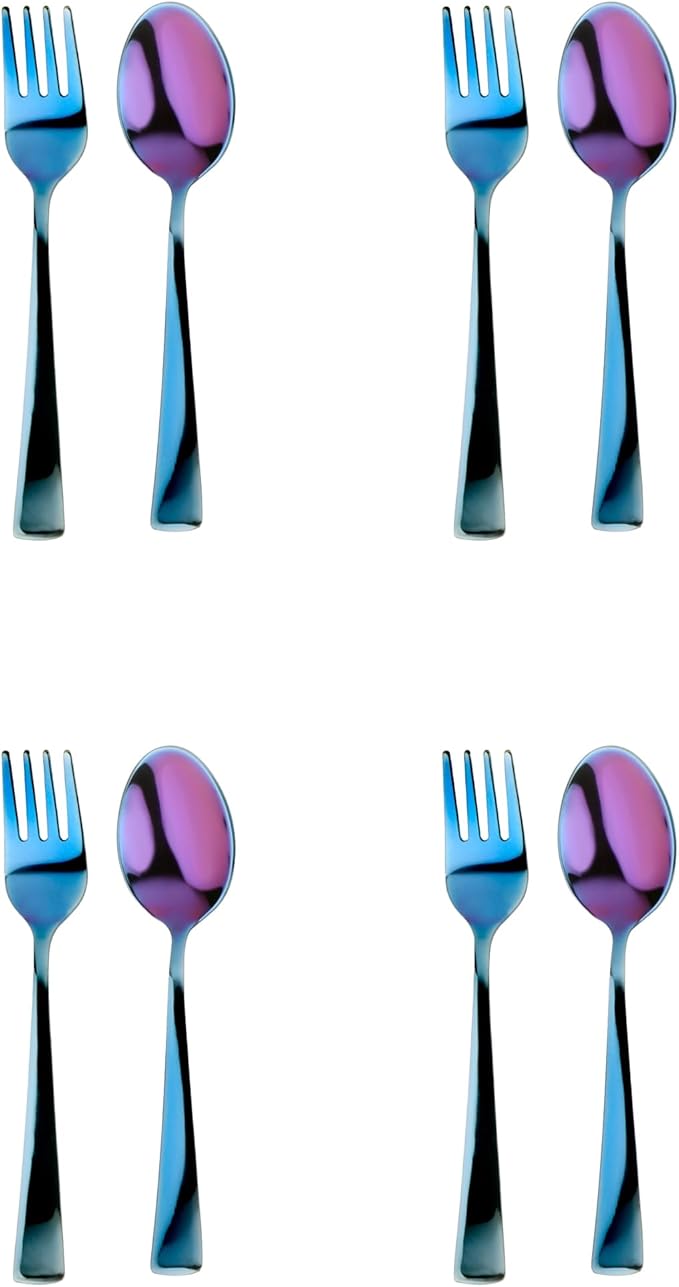 Ahimsa Stainless Steel Kids Utensils, 8 Pieces Kids Fork and Spoon Set, Pediatrician Designed Toddler Utensils, 100% BPA Free & Dishwasher Safe (Iridescent Blue)