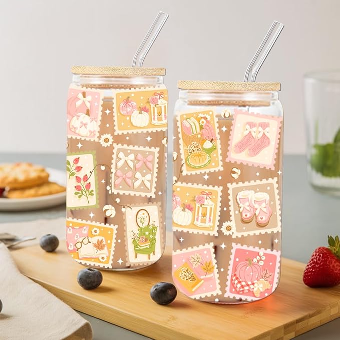 Fall Postage Stamp Iced Coffee Cup, Thanksgiving Aesthetic Glass Tumbler, 16 oz Autumn Coffee Glass Cup with Lid Straw, Boo Basket Stuffers, Halloween Thanksgiving Gifts for Women Teen Girls