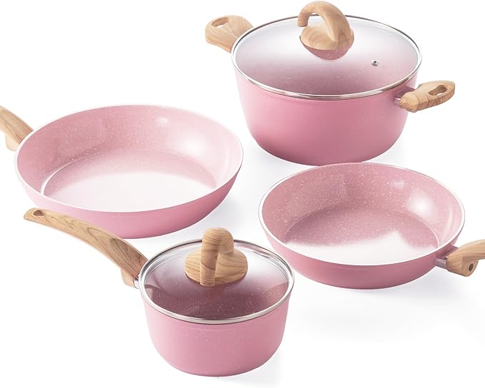 Pink Pots and Pans Set Non Stick, Ceramic Cookware Set with Granite Pattern Kitchen Cooking Sets Induction Pot and Pan w/Frying Pans, Saucepans, Casserole, Non-Toxic, PTFE/PFOA/PFOS-Free