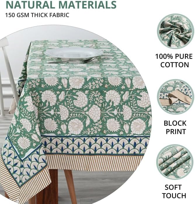 Ridhi Turquoise Moss Green Hand Block Print Cotton Rectangle Tablecloth 120" x 60" inches Reusable Table Cover Decorative Everyday Use for Dining, Farmhouse, Home, Party, Festive, Wedding, Fall