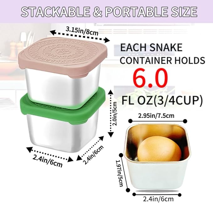 6Pack Stainless Steel Snack Containers for Kids, Easy Open Leak Proof Metal Toddler Snack Containers with Silicone Lids, Stackable Metal Toddler Lunch Box for Daycare, School and Travel (6oz)