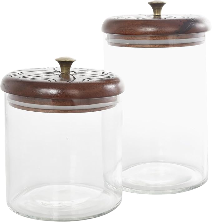 Deco 79 Glass Floral Living Room Decorative Jars Carved Decorative Container with Brown Wooden Lids and Gold Knobs, Set of 2 Jar with Lid 9", 6"H, Clear