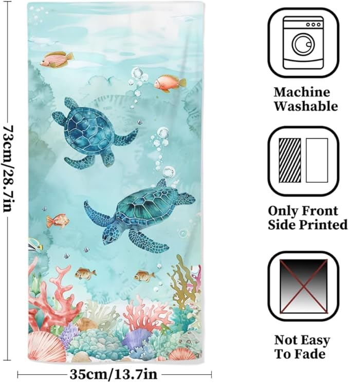 Sea Turtle Hand Towels Set of 2 - Breathable Ocean Beach Towels, Highly Absorbent Marine Life Coastal Bath Towels for Gym, Hotel, Summer Bathroom Decor - 28.7x13.7 Inch