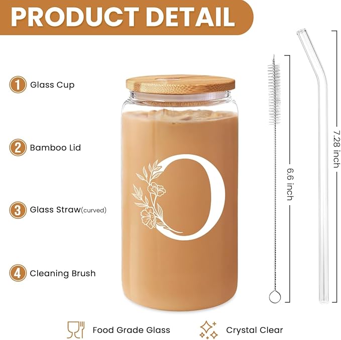 SANDJEST Monogrammed Gifts for Women - Monogram O Initial Glass Cup 16 Oz Can Coffee Cups with Lid and Straw - Monogram Initials Gifts for Womens on Birthday
