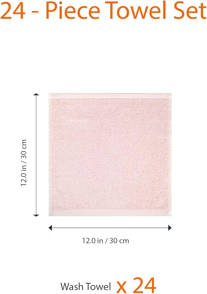 Amazon Basics face Towels for bathroom, 100% Cotton Extra Absorbent washcloth , Fast Drying - salon towel - 24 Pack Petal Pink (12 x 12 inches)