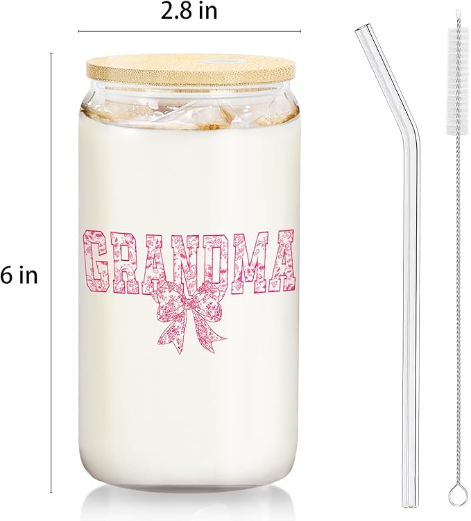 Pink Bow Grandma Glass Cup with Lids and Straws 14oz, Best Mother's Day Birthday Gifts for Grandma from Grandkids, Grandmother Gifts Glass Iced Coffee Tumbler Drinking Jars with Cleaning Brush