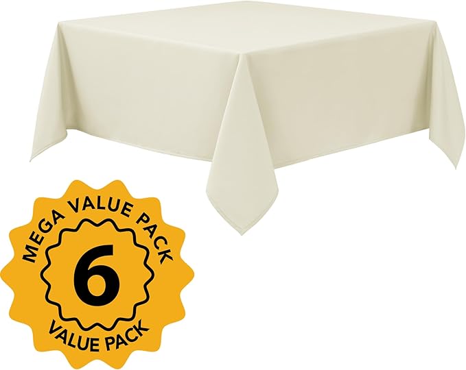6-Pack Ivory Tablecloths for Square Tables, 70 x 70 Inches, Stain-Resistant Polyester Fabric for 3 Foot Tables - Washable Table Covers for Weddings, Banquets, Birthday Parties, Events
