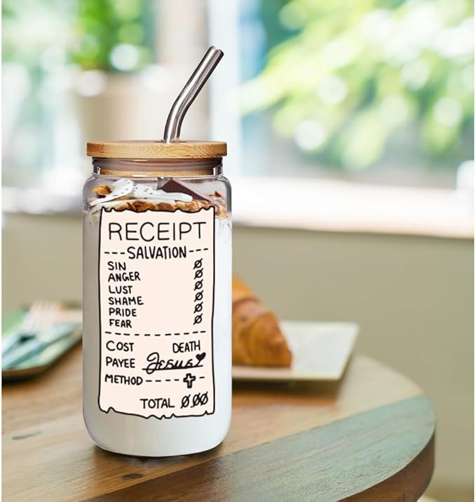 Jesus Loves You Christian 16 oz Glass Drinking Cup Gifts for Women of the Bible, Christian Faith Bible Verse Gift, Baptism Gifts,Jesus Coffee Jar Lids Straws Educational Religious Party Favors Gift