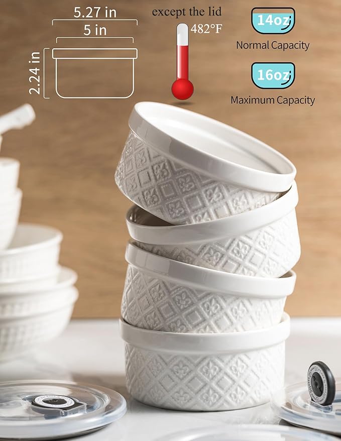 16 oz Creme Brulee Ramekins Oven Safe, Small Souffle Ramekin with lid, Mini Porcelain Ramekins Set with Covers, Small Ceramic Baking Dish Set of 4