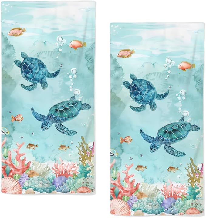 Sea Turtle Hand Towels Set of 2 - Breathable Ocean Beach Towels, Highly Absorbent Marine Life Coastal Bath Towels for Gym, Hotel, Summer Bathroom Decor - 28.7x13.7 Inch