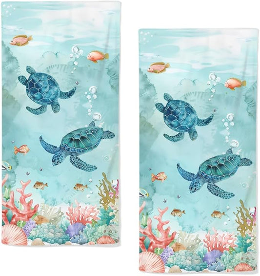 Sea Turtle Hand Towels Set of 2 - Breathable Ocean Beach Towels, Highly Absorbent Marine Life Coastal Bath Towels for Gym, Hotel, Summer Bathroom Decor - 28.7x13.7 Inch