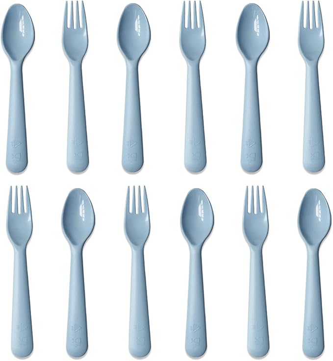 12 Pcs Plastic Toddler Utensils Set 6 Kids Forks and 6 Kids Spoons BPA Free/Dishwasher Safe Toddler Silverware Brightly Colored Kid Plastic Cutlery Set-Blue