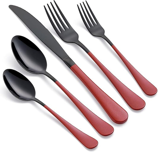 20-Piece Black and Purple Stainless Steel Flatware Set - 4 Dinner Knives, Forks, Spoons, Salad / Dessert Teaspoons - Dishwasher Safe