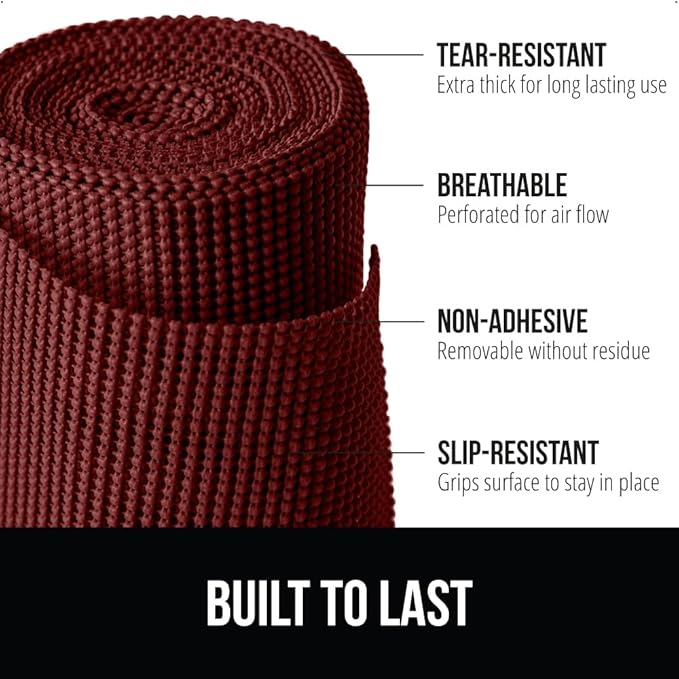 GORILLA GRIP powerGRIP Drawer Shelf and Cabinet Liner, Thick Strong Hold, Non-Adhesive Liners Protect Kitchen Cabinets and Cupboard, Bathroom Drawers, Easy Install, Breathable Mat, 12" x10', Red