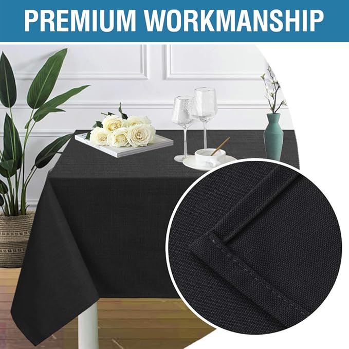 H.VERSAILTEX Linen Textured Table Cloths 60 x 60 Inch Premium Solid Tablecloth Spill-Proof Waterproof Table Cover for Dining Buffet Feature Extra Soft and Thick Fabric Wrinkle Free, Black