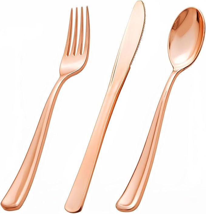 bUCLA 600PCS Rose Gold Plastic Silverware Set - Disposable Rose Gold Plastic Cutlery Include 200 Knives, 200 Forks, 200 Spoons for Party, Wedding & Mother’s Day