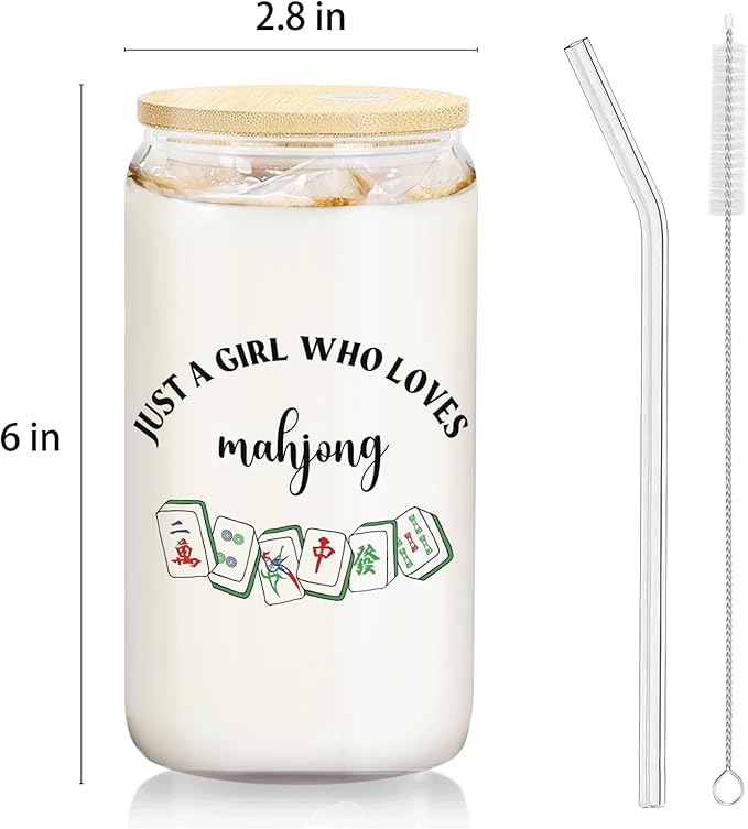Mah Jong Lover Gifts Glass Cup with Lids and Straws 14oz, Gifts for Women Mahjong Players, Mahjong Accessories Glass Iced Coffee Tumbler Drinking Jars with Cleaning Brush