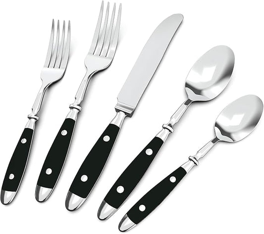 Silverware Set For 8 with Two Rivets, Vintage 40-Piece Everyday Flatware Set with Black Bakelite Handle, Stainless Steel Cutlery Set, Dishwasher Safe, Knives Spoons and Forks Set