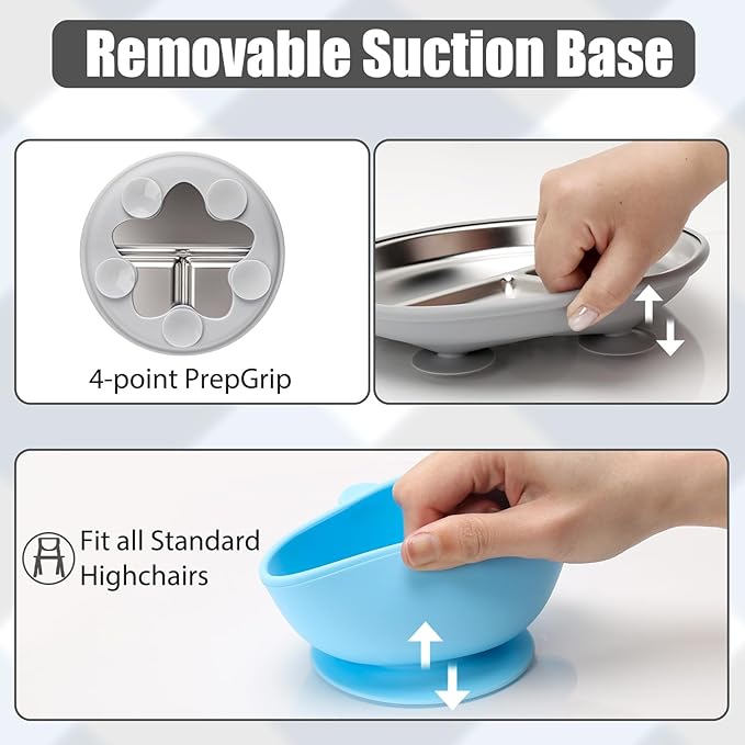 Stainless Steel Baby Plate and Bowls with Suction, Divided Kids Baby Plate and Toddler Bowl with Removable Silicone Suction, Non-Slip Baby Feeding Set Dishwasher Safe，4 Packs