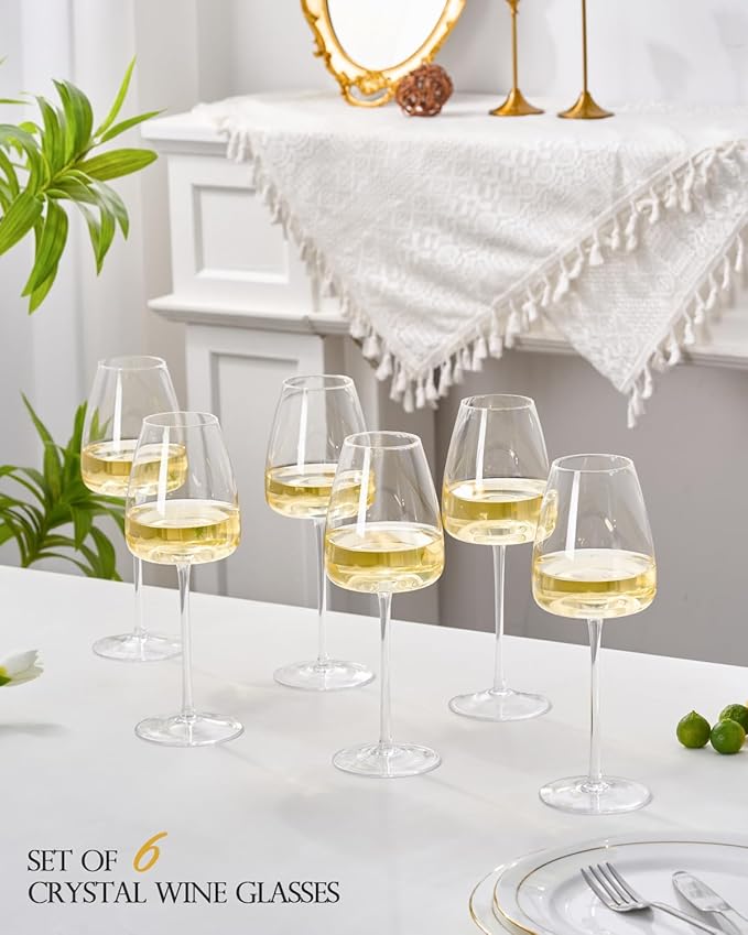 White Wine Glasses Set of 6, 15oz Crystal Wine Glasses for Red, White Wine, Long Stem Crystal Glasses with Unique Bottom Design, 440ml