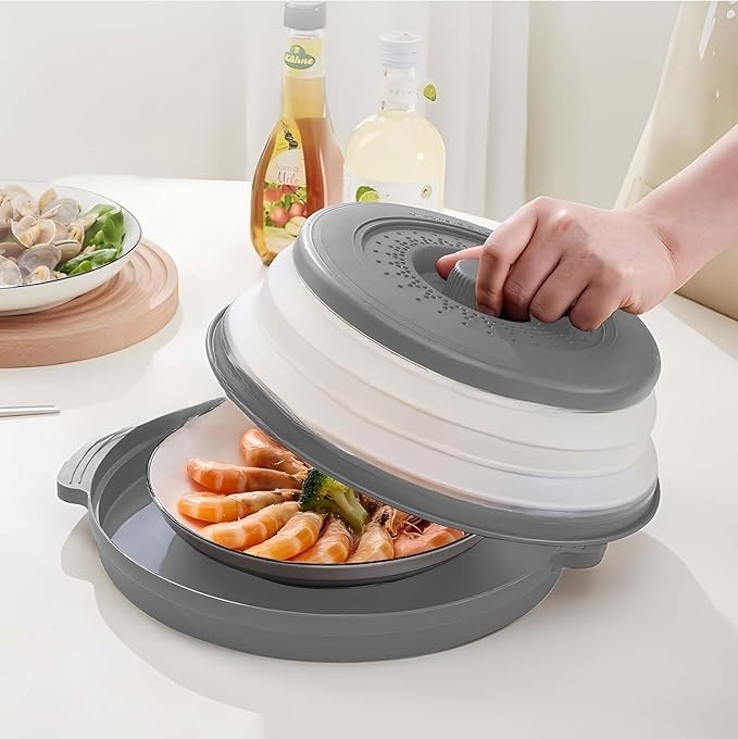 Microwave Splatter Cover for Food with Anti-scald Base Plate,Large Plastic & Silicone Vented Avoid Scalding Collapsible Guard Lid,Kitchen Essential Gadgets for Meal Prep-10.7 Inch (gray)