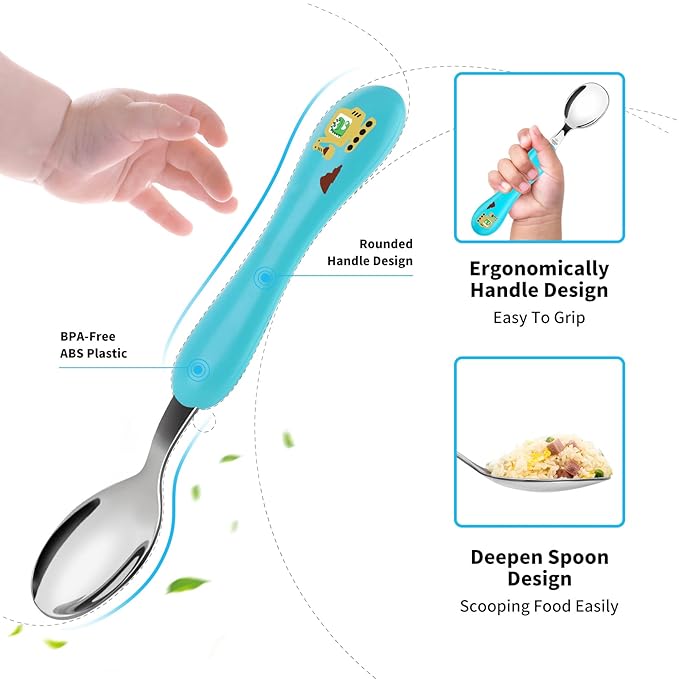 Lehoo Castle 6 Pieces Toddler Utensils, Kids Silverware for 2 3 4 Years Old, Stainless Steel Fork and Spoon Set with Plastic Handle, Safe Toddler Cutlery (Dinosaur)