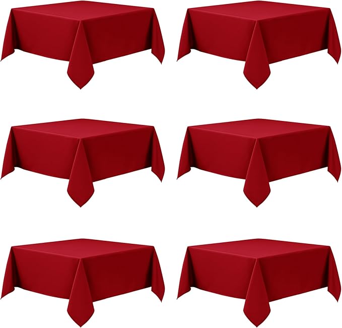 6-Pack Red Tablecloths for Square Tables, 54 x 54 Inches, Stain-Resistant Polyester Fabric for 2 Foot Tables - Washable Table Covers for Weddings, Banquets, Birthday Parties, Events