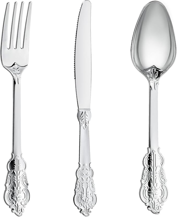 N9R 300PCS Silver Plastic Silverware, Heavy Duty Plastic Cutlery for Parties, Fancy Disposable Flatware Set Includes 100 Forks, 100 Spoons, and 100 Knives, Perfect for Weddings, Dinners, Picnics