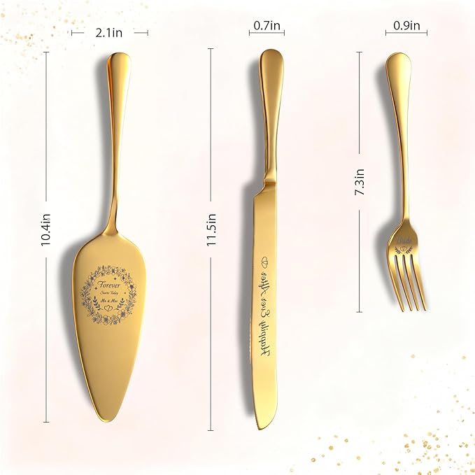 4 Piece Wedding Cake Cutting Set, Knife and Server with Forks, Elegant Wedding Cake Knife and Server Set for Bride and Groom(Gold)