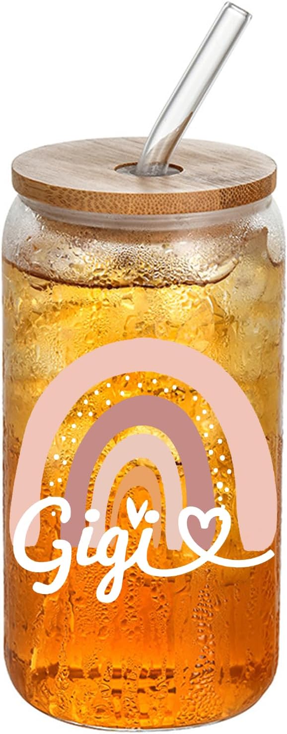 Gigi Glass Cups with Lids and Straws, Glasses Drinking Set, Mothers Day Birthday Christmas Gifts for Mom, 16 Oz