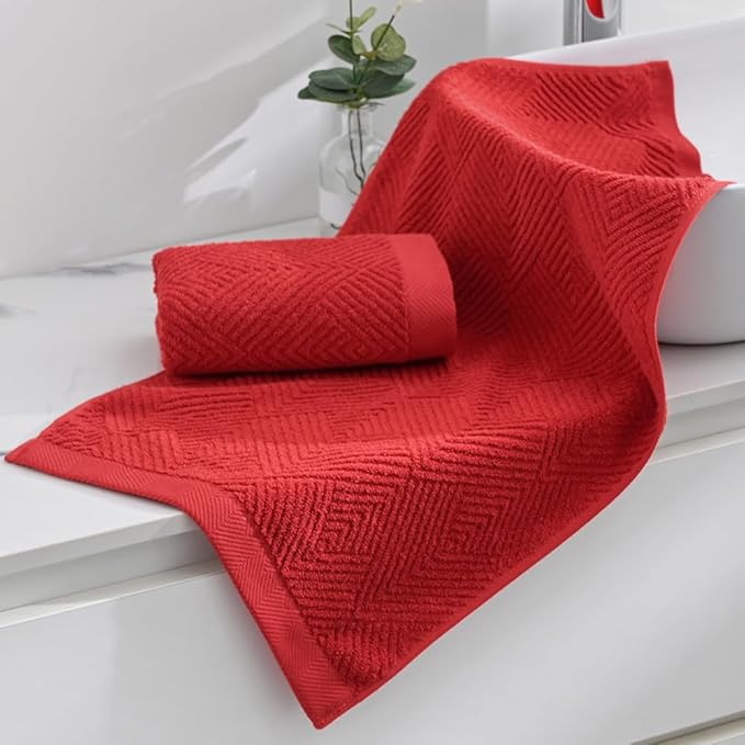 sense gnosis Red Hand Towel Set of 2 Premium 100% Cotton Herringbone Striped Weave Ultra Soft Highly Absorbent Hand Towel for Bathroom 13 X 29 Inch