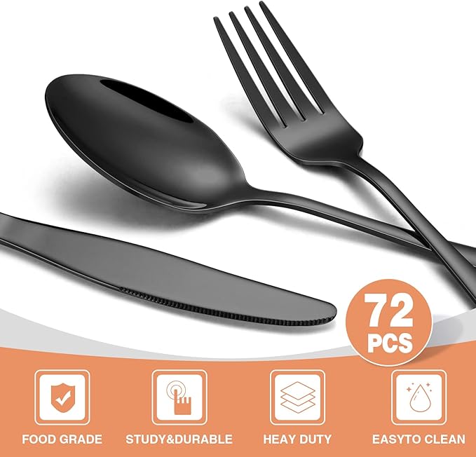 72-Piece Black Silverware Set, Umite Chef Flatware Set with Steak Knives for 12, Food-Grade Stainless Steel Cutlery Set, Includes Spoons Forks Knives, Kitchen Cutlery for Home Office Restaurant Hotel