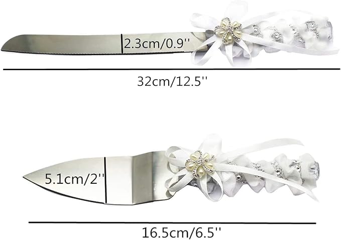 TANG SONG Stainless Steel Elegant Wedding Cake Knife and Serving Set Resin Plastic Handle Pearl Flower Shape with Lace Wedding Cake Knife and Shovel