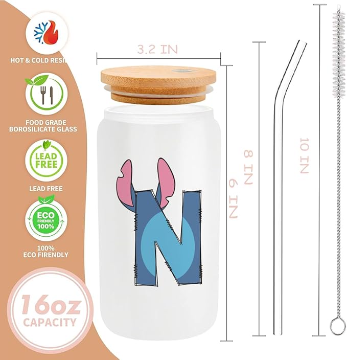 Cute Cartoon Lover Gifts Initial A-Z Personalized Iced Coffee Cup Cartoon Merch 16oz Glass Cup with Lid and Straws Birthday Christmas Gifts for Women Teen Girls Fans (Letter N)