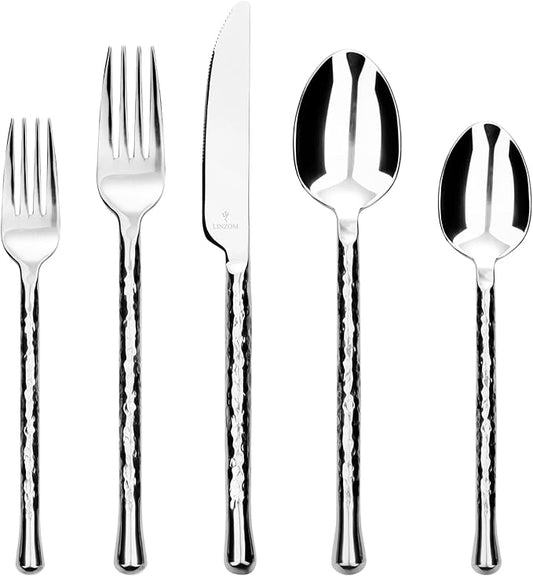 Glam Forged 20-Piece Silverware Set, 18/10 Stainless Steel Flatware, Unique Hammered Flatware Service for 4, Cutlery Set for Home Kitchen Hotel Restaurant Wedding Housewarming