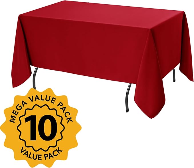 10-Pack Red Tablecloths for Rectangle Tables, 70 x 108 Inches, Stain-Resistant Polyester Fabric for 6 Foot Tables - Washable Table Covers for Weddings, Banquets, Birthday Parties, Events