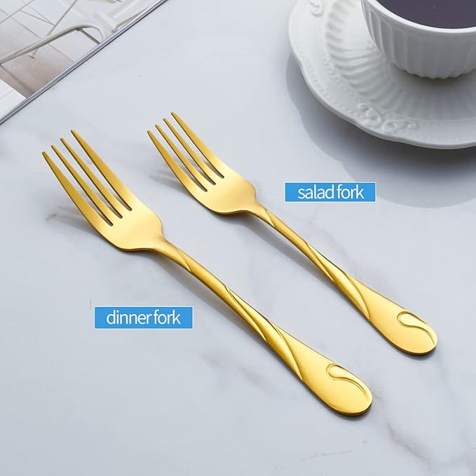 Gold Salad Fork Set, Seeshine 6.9-inch Stainless Steel Shiny Gold Metal Dessert Fork, Set of 6